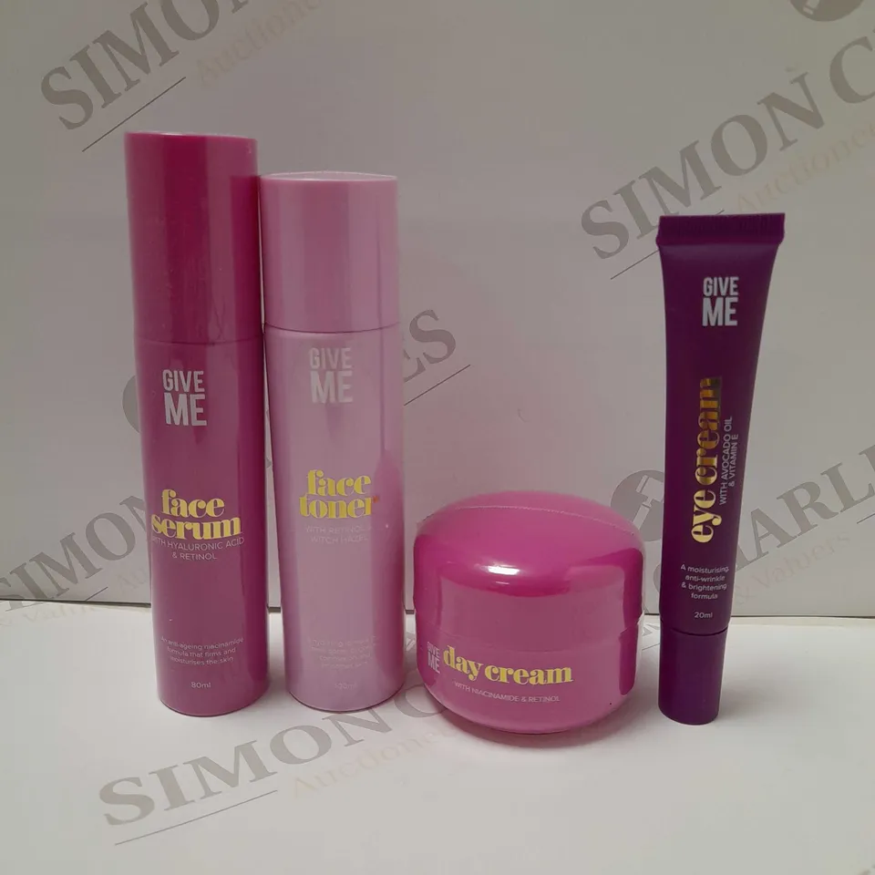 LOT OF 4 ASSORTED GIVE ME PRODUCTS TO INCLUDE FACE SERUM 80ML, FACE TONER 100ML, EYE CREAM 20ML, ETC