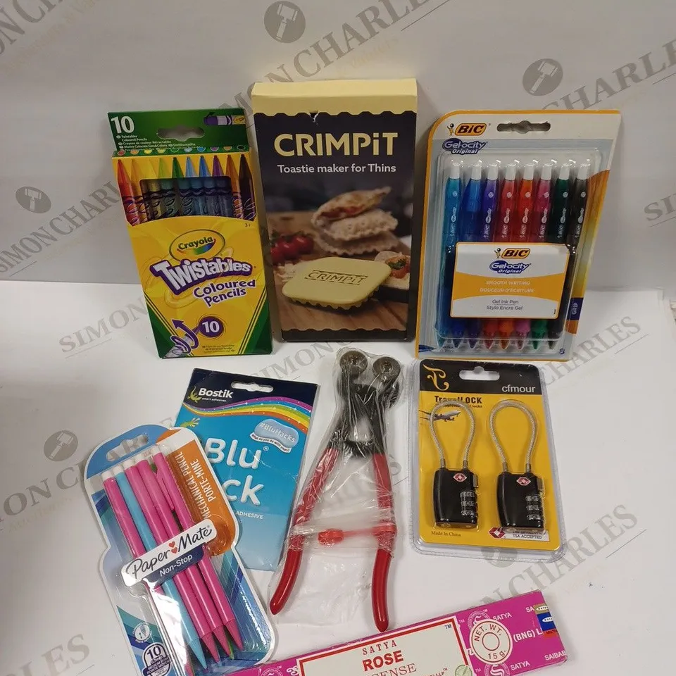 BOX OF APPROXIMATELY 15 ASSORTED HOUSEHOLD ITEMS TO INCLUDE TRAVEL LOCKS, CRIMPIT MAKER, STATIONARY ETC
