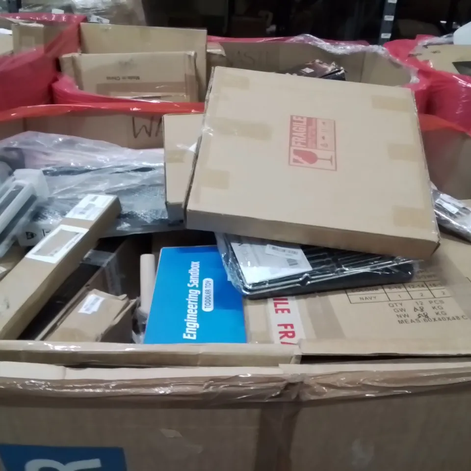 PALLET OF ASSORTED HOUSEHOLD GOODS AND PRODUCTS TO INCLUDE;LAPTOP DESK,HD TV,TOILET SEAT
