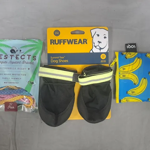 APPROXIMATELY 10 ASSORTED HOUSEHOLD ITEMS TO INCLUDE DOG SHOES, MOSQUITO REPELLENT BRACELET, ETC