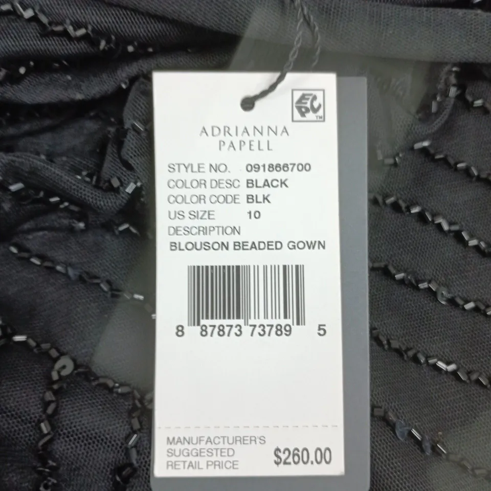 ADRIANNA PAPELL BLOUSON BEADED GOWN – BLACK, UK 14 (US 10)