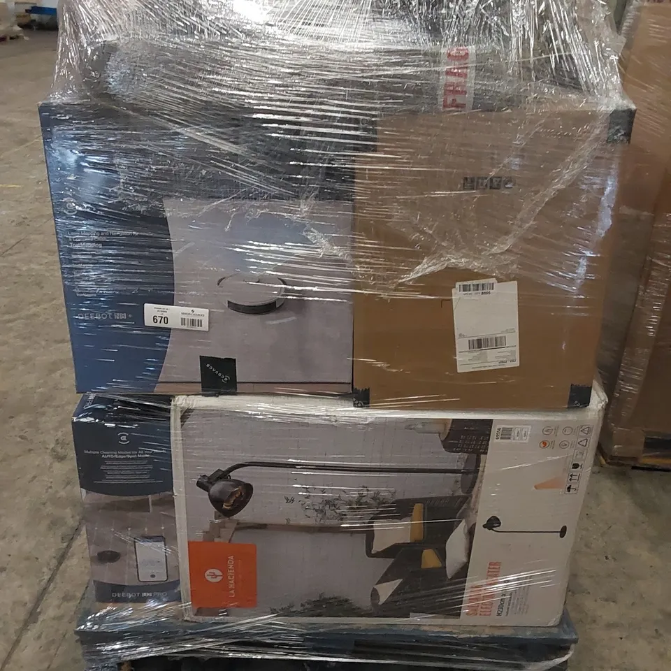 PALLET TO CONTAIN HOUSEHOLD ITEMS. INCLUDES VACUUM MOPPING ROBOTS, ELECTRIC HEATER, TOILET SEAT, CHEST FREEZER ETC