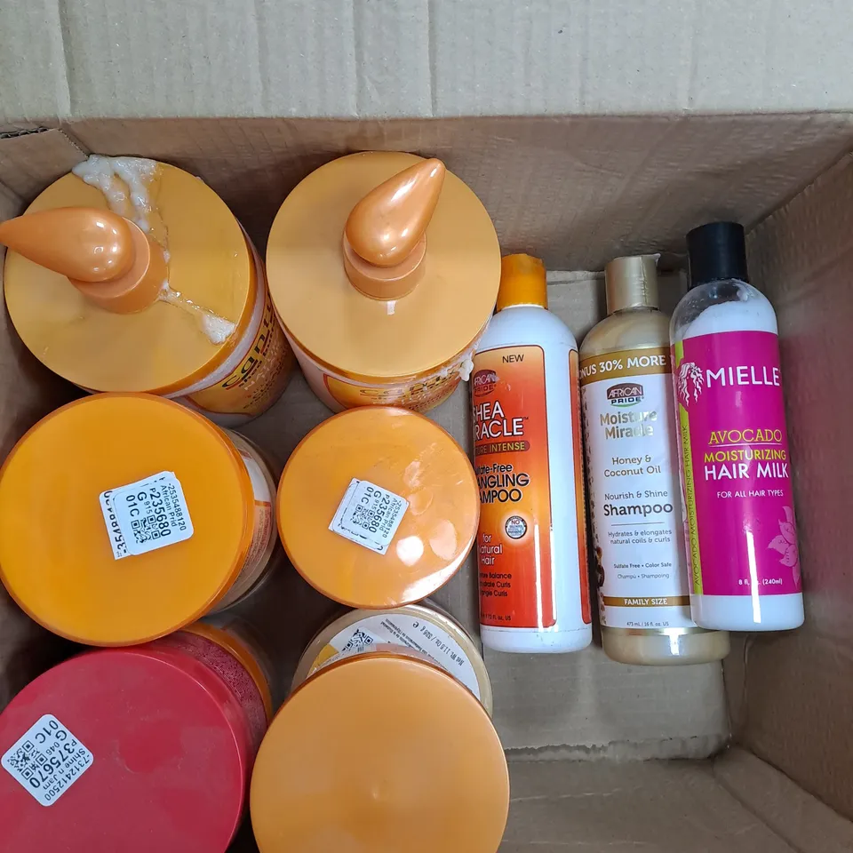 BOX OF APPROXIMATELY 15 ASSORTED HAIR CARE PRODUCTS TO INCLUDE CANTU CREAMY HAIR LOTION, CRÈME OF NATURE SHAMPOO AND AFRICAN PRIDE SMOOTHIE