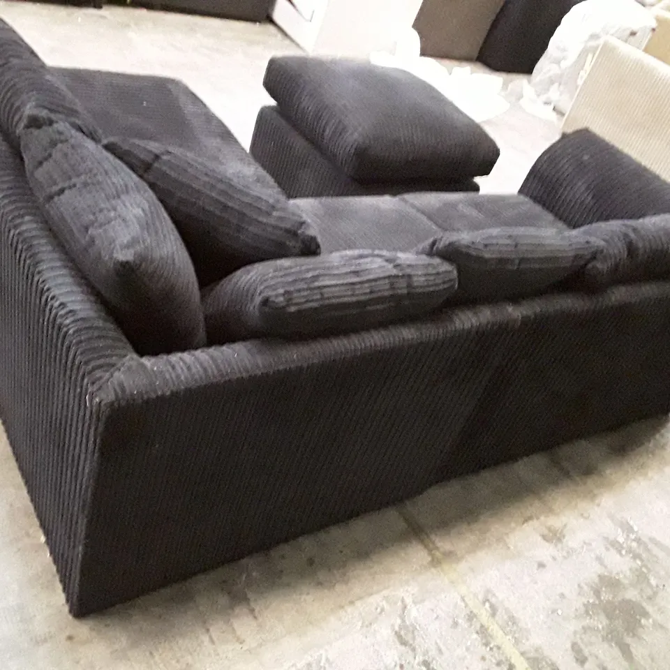 QUALITY DESIGNER CORNER SOFA WITH FOOTSTOOL - BLACK CORDUROY FABRIC