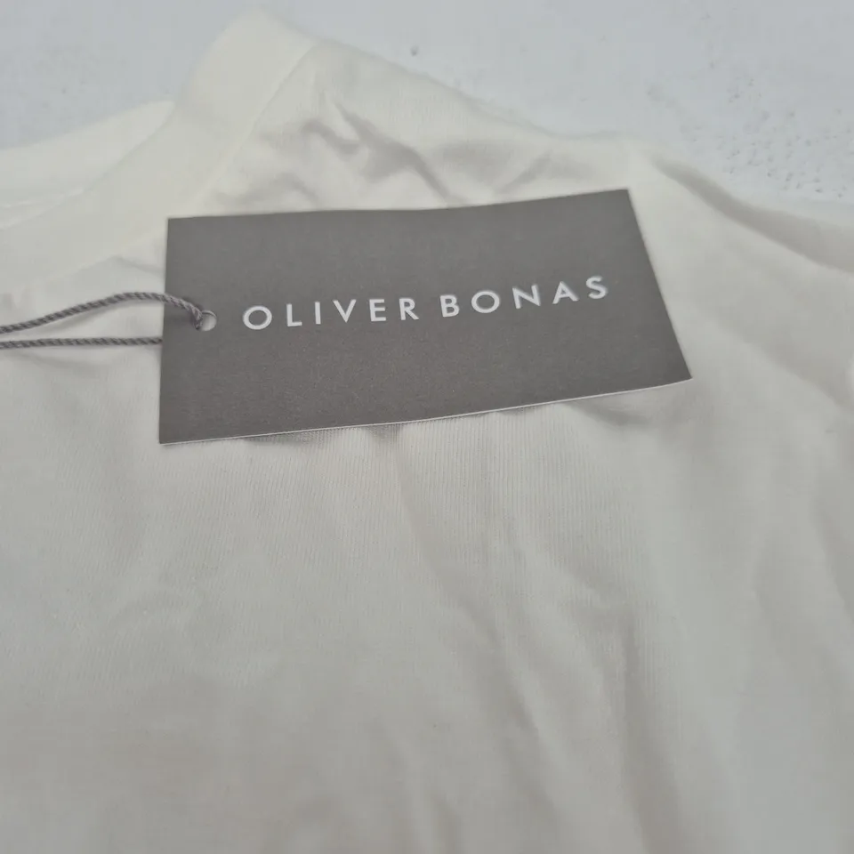 OLIVER BONAS WHITE T-SHIRT WITH DOG ON SCOOTER PRINT, UK 10