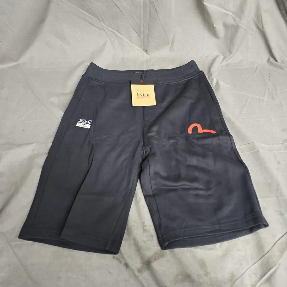 EVISU BLACK SHORTS – LOGO PATCH, MEN'S