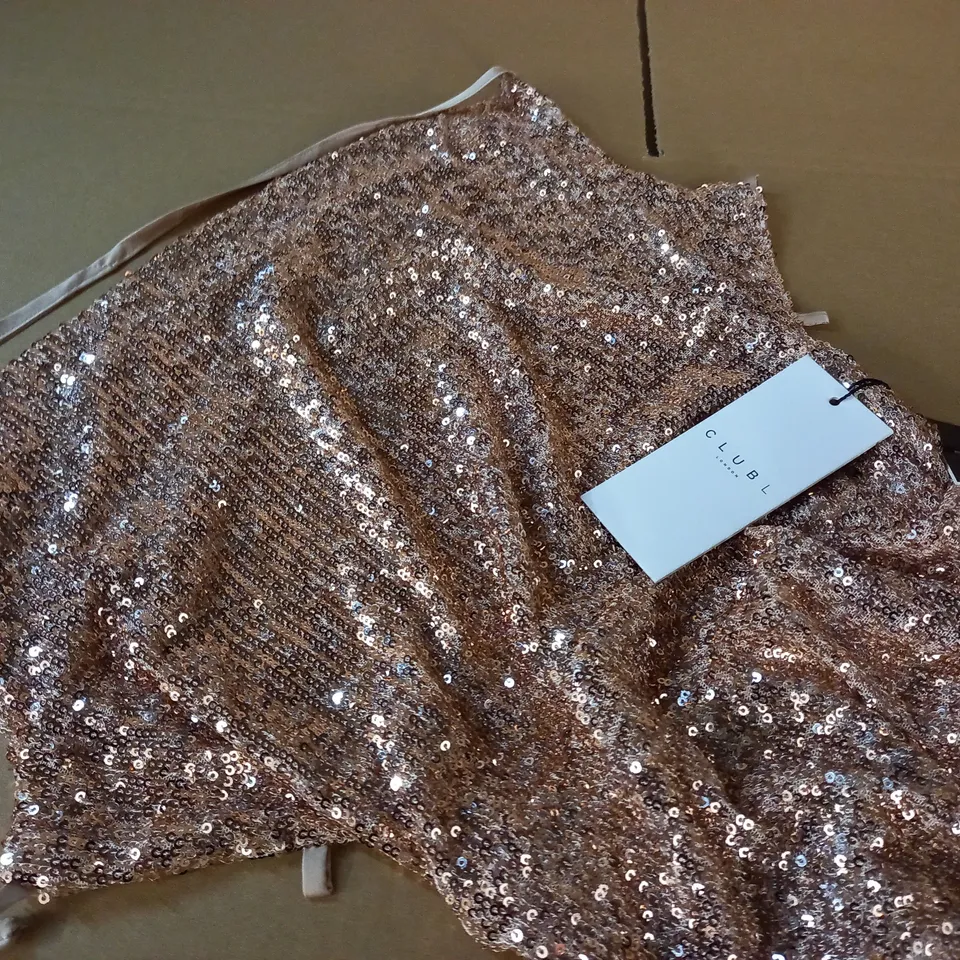 CLUB OF LONDON CHAMPAGNE SEQUIN CAMI COWL NECK DRESS - UK 10