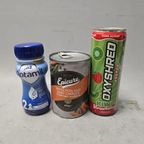 APPROXIMATELY 12 ASSORTED FOOD & DRINK ITEMS TO INCLUDE - APTAMIL 2 , OXYSHRED ENERGY , EPICUTE PETIS POIS AND BABY CARROTS