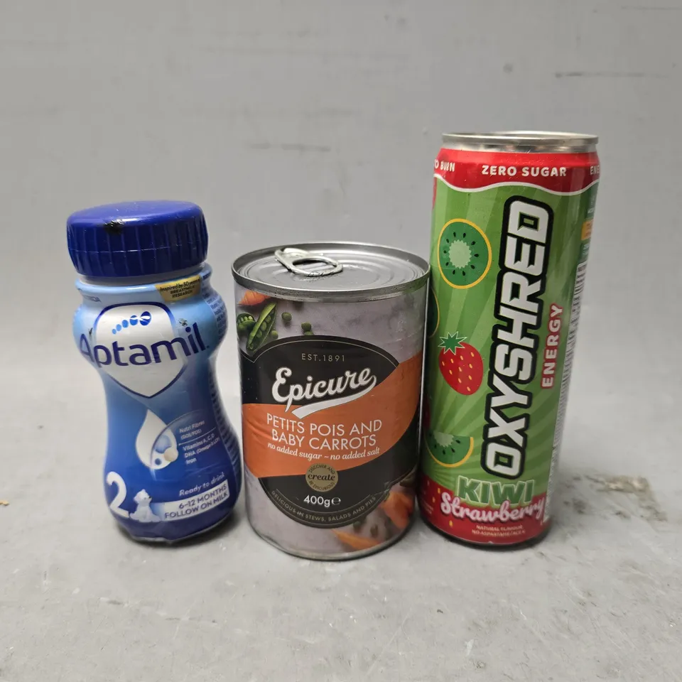 APPROXIMATELY 12 ASSORTED FOOD & DRINK ITEMS TO INCLUDE - APTAMIL 2 , OXYSHRED ENERGY , EPICUTE PETIS POIS AND BABY CARROTS