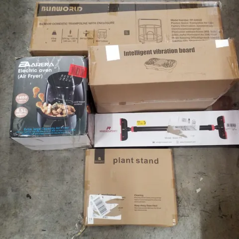 PALLET CONTAINING ASSORTED PRODUCTS INCLUDING PLANT STAND, AIR FRYER, PULL UP BAR, INTELLIGENT VIBRATION BOARD & INDOOR TRAMPOLINE WITH ENCLOSURE 