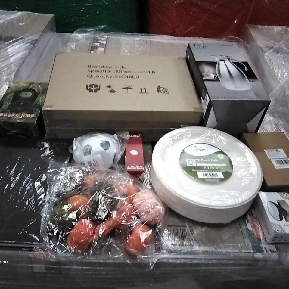 PALLET OF ASSORTED ITEMS INCLUDING PUMPKIN DECORATIONS, 2022/2023 CALENDAR, CRYSTAL HAIR REMOVER, 50PCS 10" ROUND PLATES, SHANKER GOLF BALLS, THERMAL VACUUM CARAFE