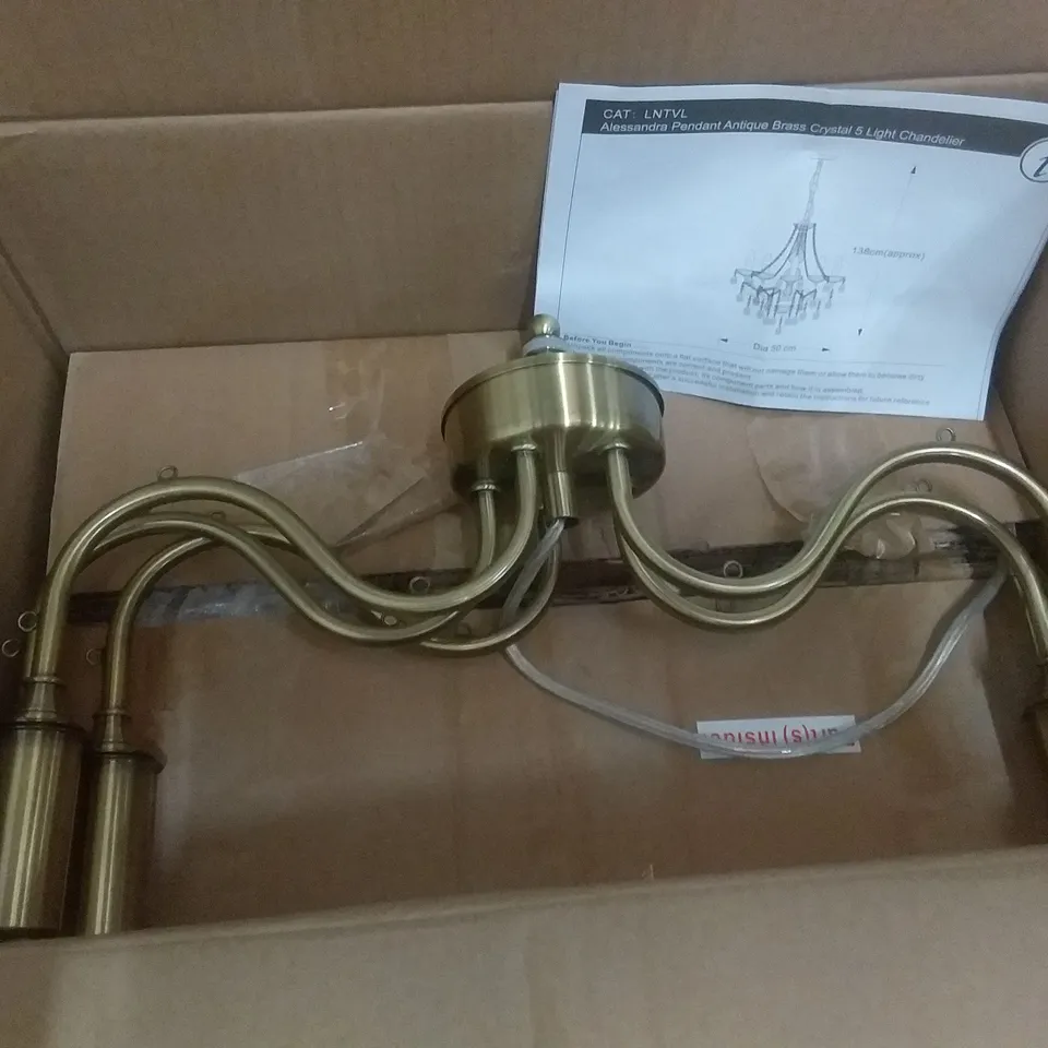 BOXED ALESSANDRA PENDANT ANTIQUE BRASS CRYSTAL 5 LIGHT CHANDALIER 