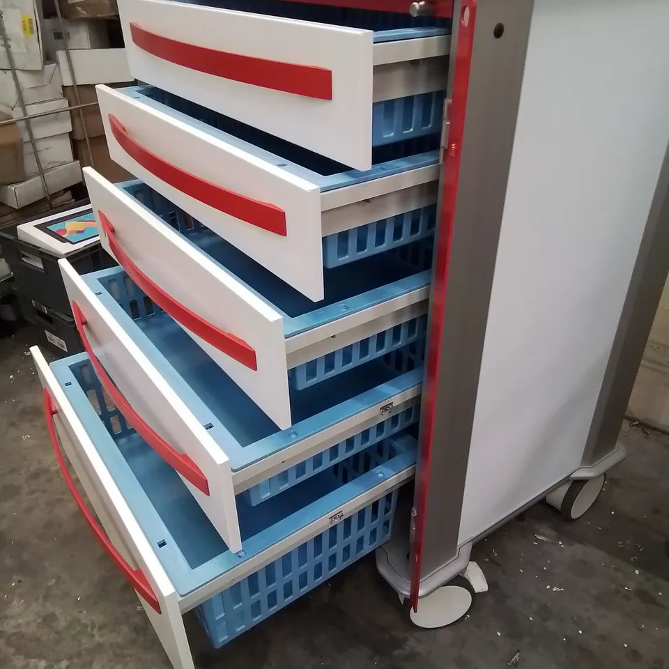 ZARGES MODULE CART WITH 5 LOCKABLE DRAWERS, LAPTOP & DRIP STANDS