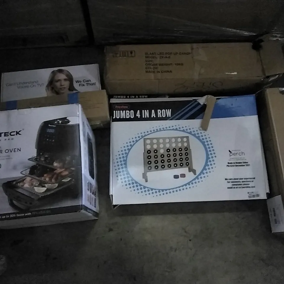 PALLET OF ASSORTED ITEMS INCLUDING JUMBO 4 IN A ROW, PUE COOL FAN, INNOTECK AIR FRYER OVEN, SLANT-LEG POP UP CANOPY, EXOFCER OFFICE CHAIR, INFLATABLE PADDLE BOARD