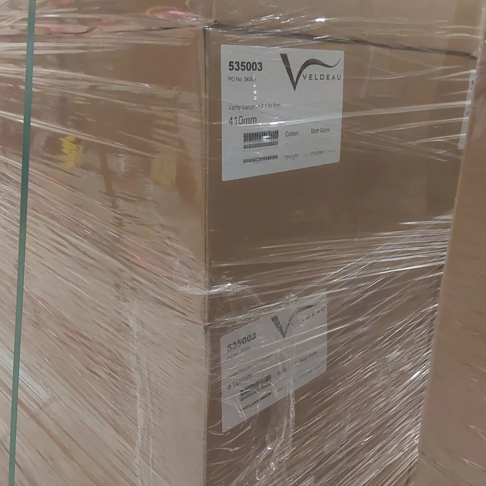 PALLET CONTAINING A LARGE QUANTITY OF ASSORTED BATHROOM FURNITURE PARTS INCLUDING: VELDEAU VANITY CARCASSES ECT