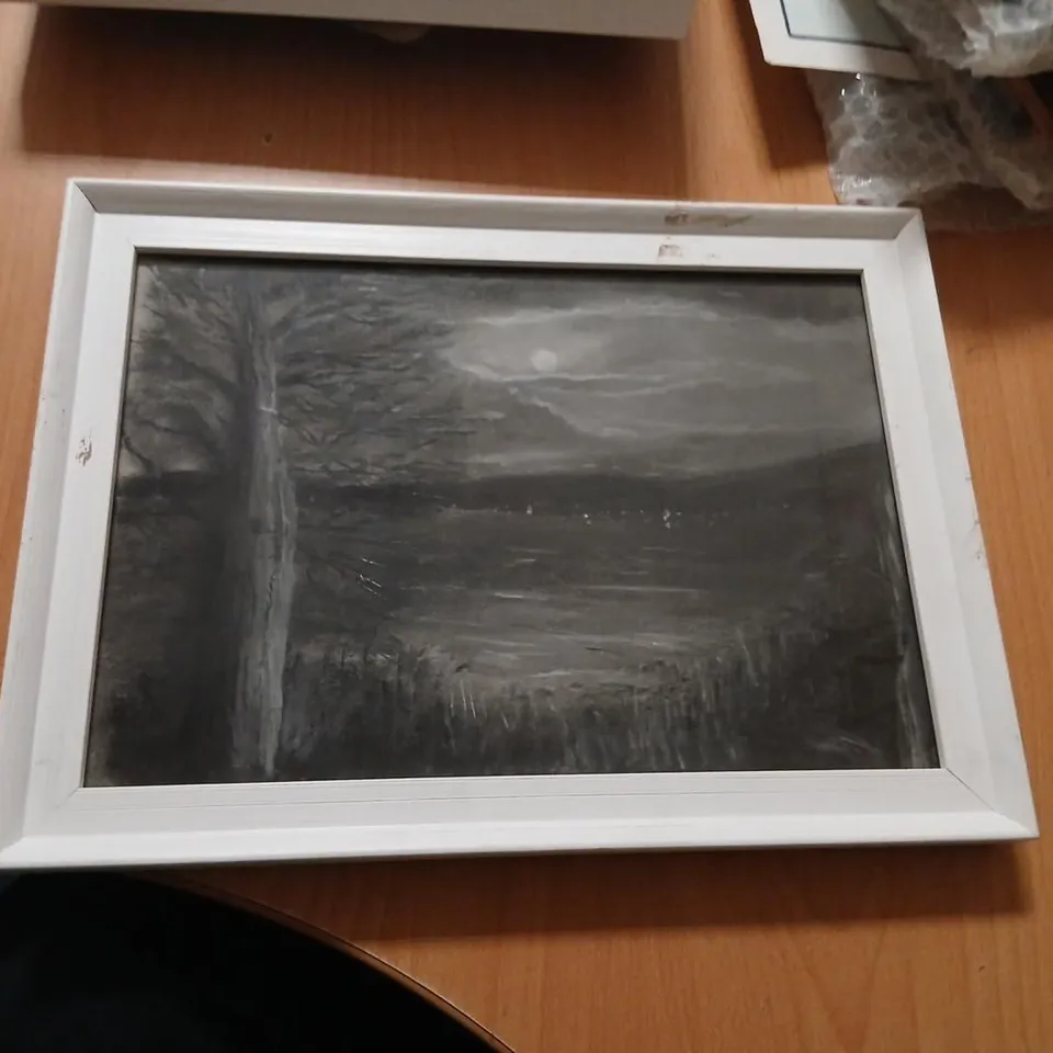 MONOCHROME LANDSCAPE PAINTING WITH TREE AND MOON, FRAMED