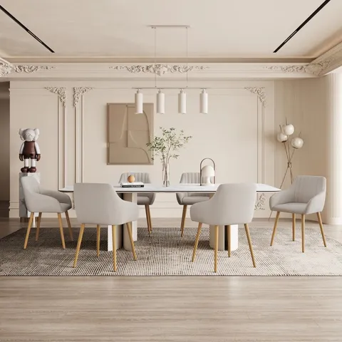 BOXED 49.5CM H UPHOLSTERED DINING CHAIRS WITH WOODEN LEGS 