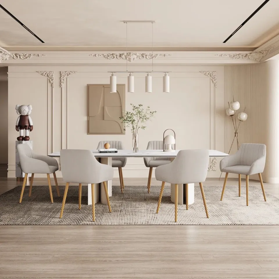 BOXED 49.5CM H UPHOLSTERED DINING CHAIRS WITH WOODEN LEGS 