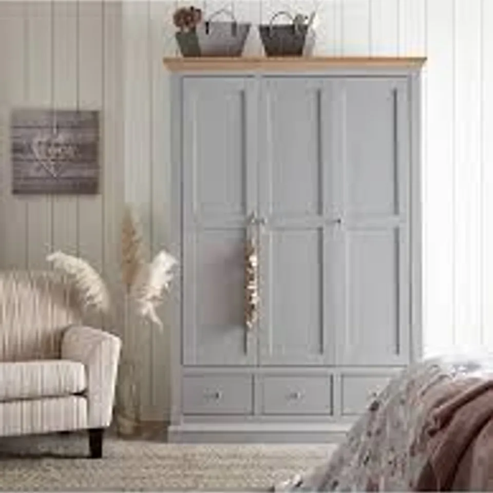 BOXED GRADE 1 HANNA GREY/OAK-EFFECT 3-DOOR 3-DRAWER WARDROBE - 3 BOXES