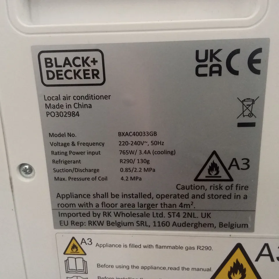BLACK+DECKER PORTABLE AIR CONDITIONER BXAC40033GB