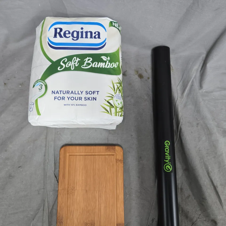 A BOX OF APROXIMATELY 10 ASSORTED ITEMS TO INCLIDE REGINA SOFT BAMBOO TISSUES, BAMBOO CUTTING BOARD & GRAVITY POSTER TUBE 