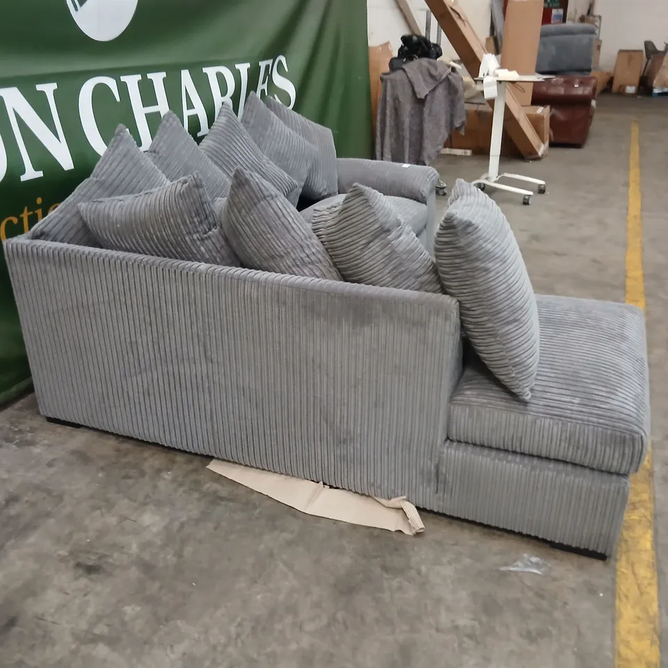 GREY CORDUROY L-SHAPED FABRIC SOFA WITH CUSHIONS – SECTIONAL SEATING (VERIFY MODEL)