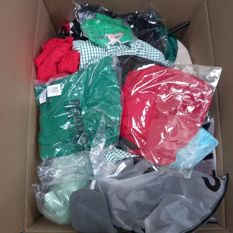 BOX OF ASSORTED CLOTHING ITEMS TOO INCLUDE JUMPERS, SHIRTS AND TROUSERS IN VARIOUS SIZES AND COLOURS