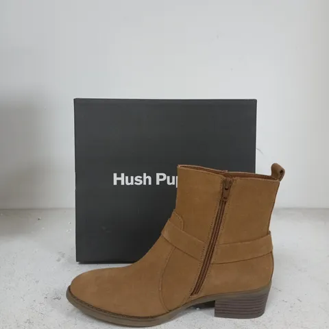 HUSH PUPPIES BROWN SUEDE ANKLE BOOTS β WOMENβS, WITH SIDE ZIP & STRAP DETAIL SIZE 7