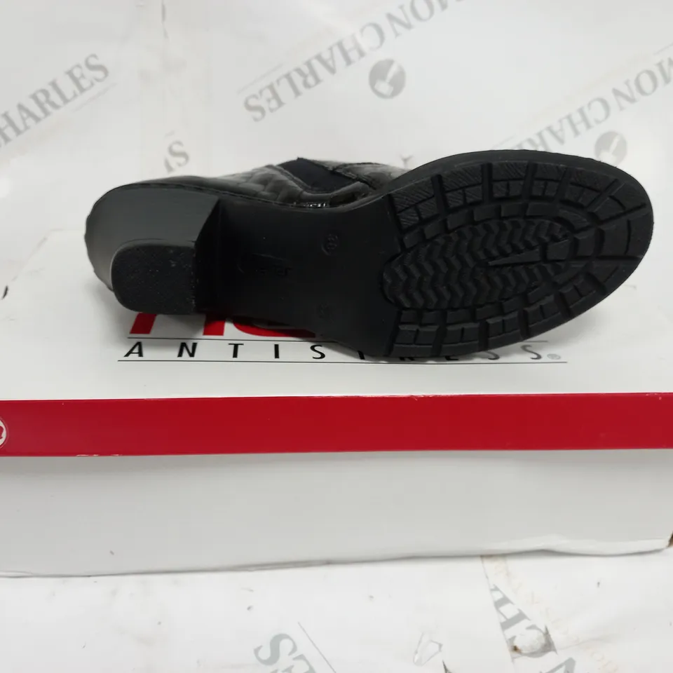 BOXED RIEKER LOW HEELED SHOE BOOTS, BLACK CROC - SIZE 5