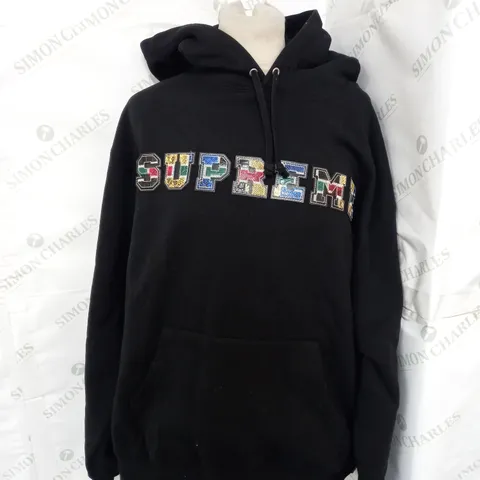 SUPREME COLLEGIATE PATCHWORK LEATHER HOODIE IN BLACK - MEDIUM