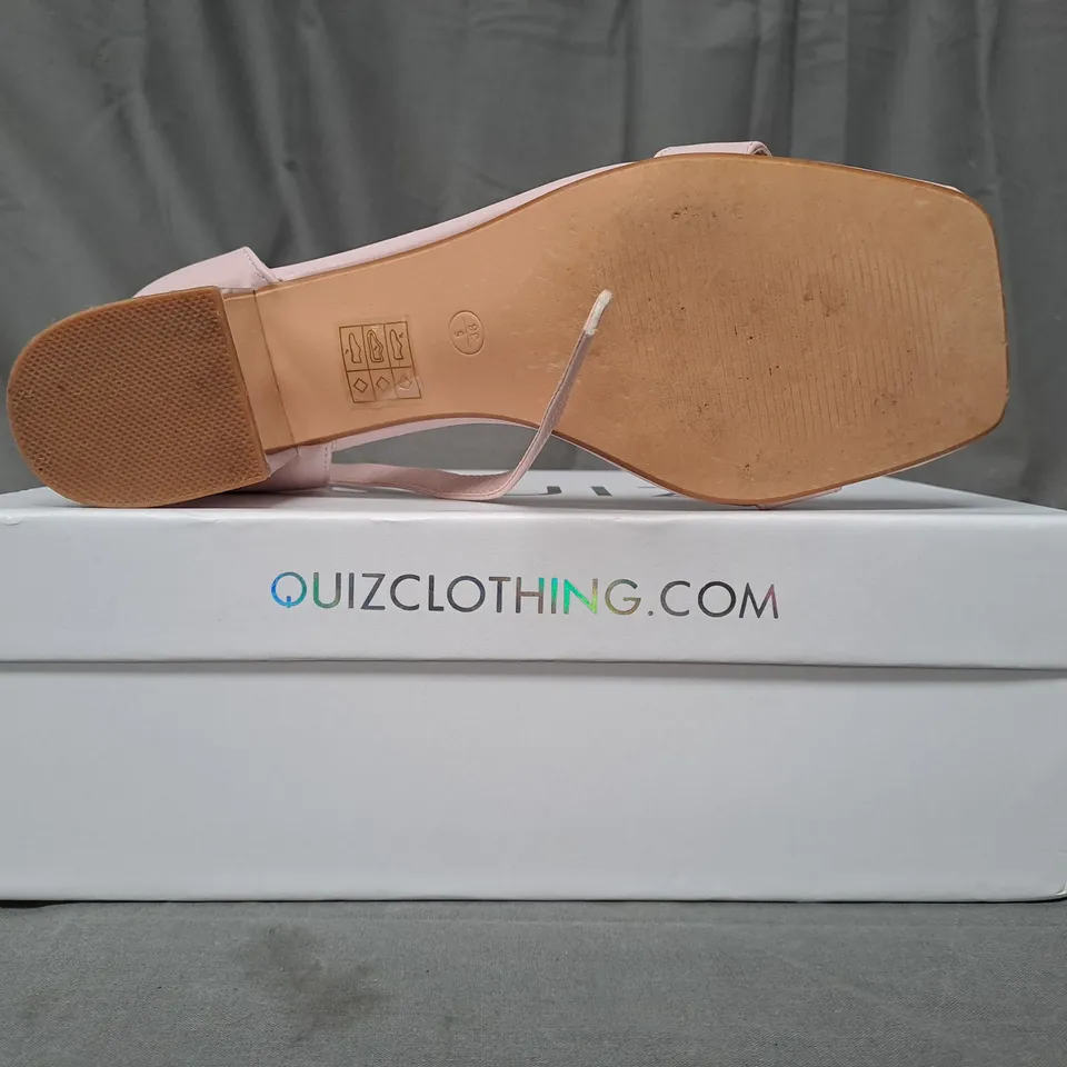 BOXED PAIR OF QUIZ BLOCK HEEL OPEN TOE SANDALS IN PINK SIZE 5