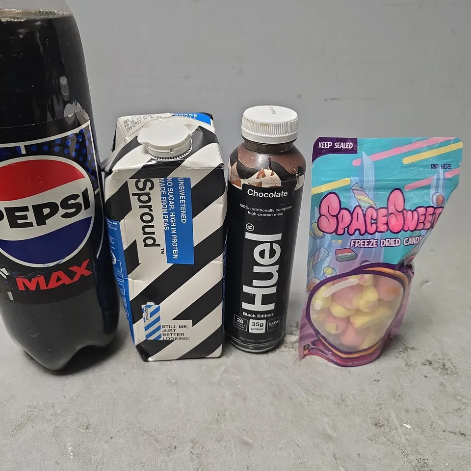 APPROXIMATELY 9 ASSORTED FOOD & DRINK ITEMS TO INCLUDE - MALTESERS , PEPSI MAX , SPACE SWEETS ETC