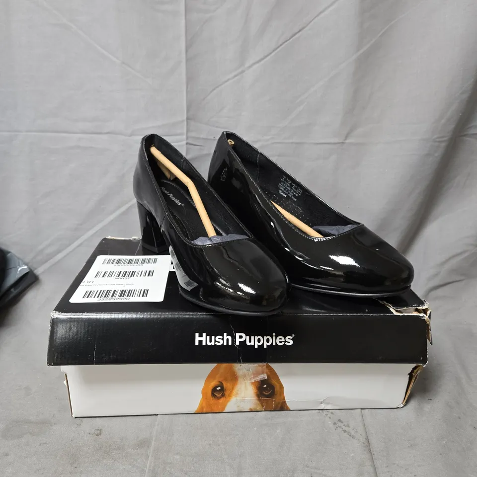 HUSH PUPPIES WOMEN'S BLACK PATENT COURT SHOES – UK 4 (BOXED)