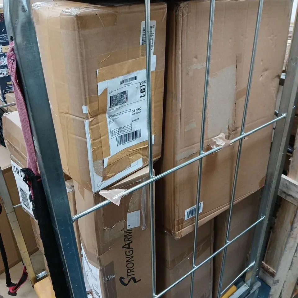 CAGE OF APPROXIMATELY 10 ASSORTED HOUSEHOLD ITEMS TO INCLUDE - STRONG ARM GRABBER - HOME STORIES MERCURY GLASS LANTERN - SHARK MINI AIR PURIFIER - ETC. - COLLECTION ONLY  