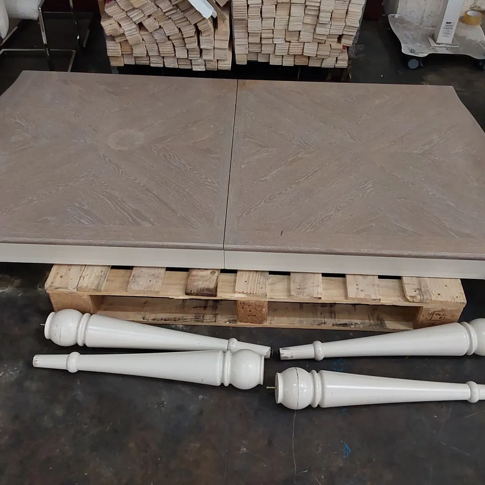 BROWN/WHITE DINING TABLE (1 TABLE TOP AND 4 LEGS ON A PALLET)