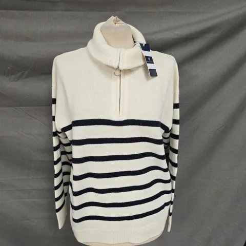 CREW CLOTHING COMPANY KNITTED STRIPE HALF ZIP JUMPER - BLUE AND WHITE - SIZE 14