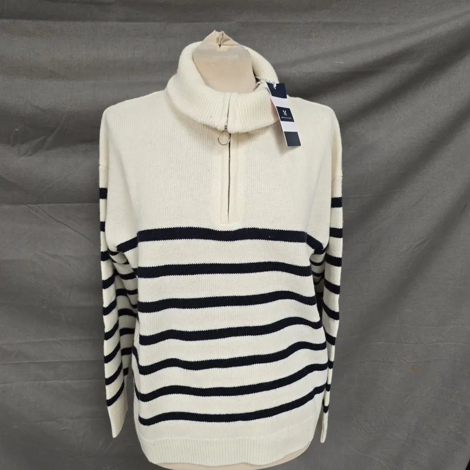 CREW CLOTHING COMPANY KNITTED STRIPE HALF ZIP JUMPER - BLUE AND WHITE - SIZE 14