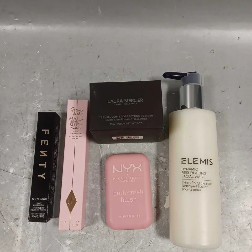 LOT OF 5 ASSORTED COSMETIC ITEMS TO INCLUDE - NYX BUTTERMELT BLUSH - FENTY VELVET LIQUID LIPSTICK IN BREAD WINN'R - CHARLOTTE TILBURY PILLOW TALK LIQUID BLUSH IN PINK POP - ETC