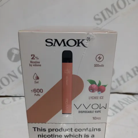 BOXED CELLOPHANE-WRAPPED PACK OF TEN SMOK VVOW DISPOSABLE VAPES - LYCHEE ICE