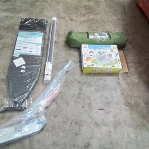 PALLET OF ASSORTED ITEMS TO INCLUDE: CAMPING TENT, ACTIVITY GYM MAT, IRONING BOARD, ROLLER BLINDS, E-CLOTH MOP ECT