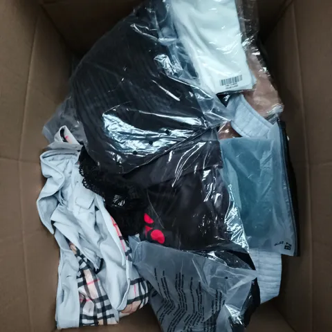 LARGE BOX OF APPROXIMATELY 25 ASSORTED CLOTHING ITEMS IN VARIOUS COLOURS, STYLES AND SIZES - COLLECTION ONLY