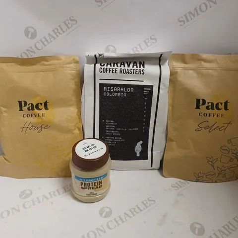BOX OF APPROX 10 ITEMS TO INCLUDE MYPROTEIN SPREAD, PACT COFFEE BEANS AND CARAVAN COFFEE ROASTERS