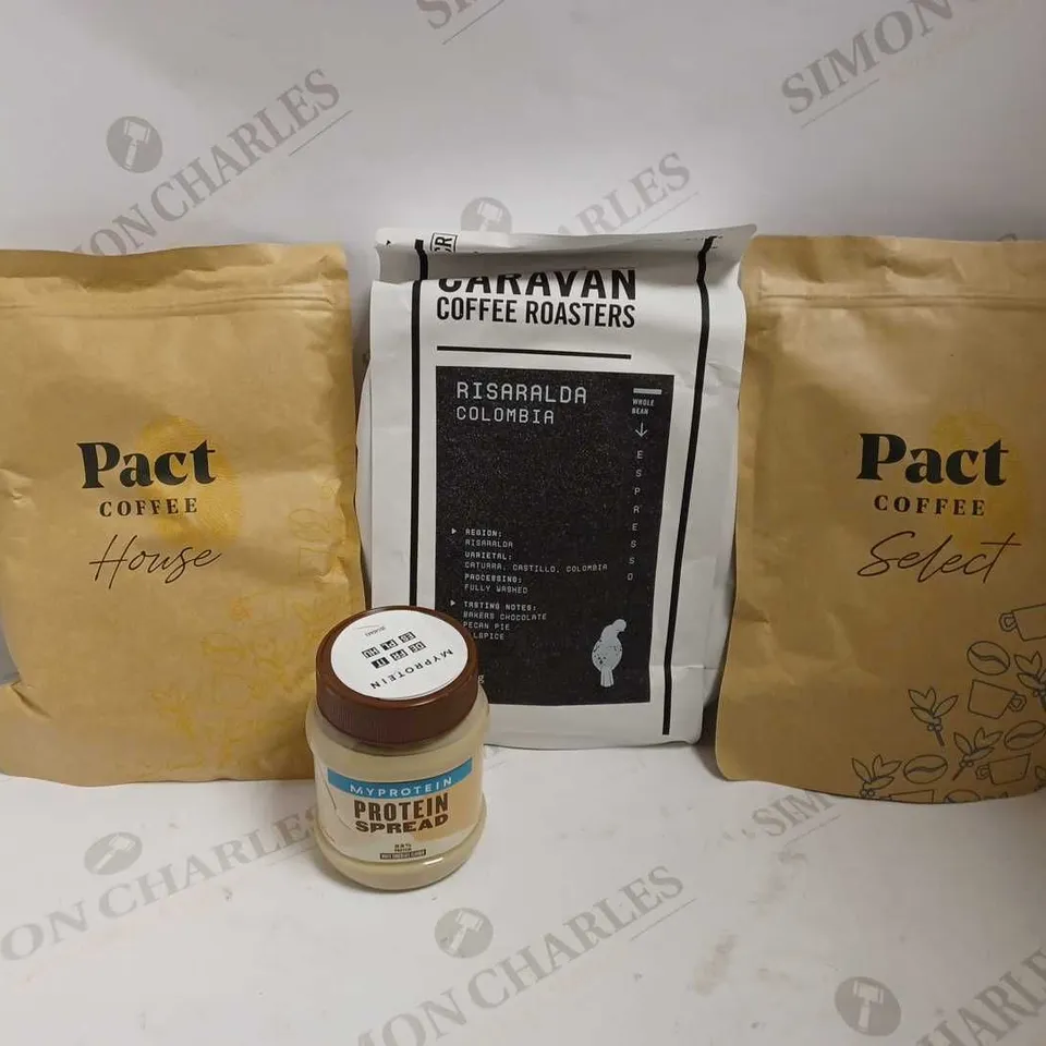 BOX OF APPROX 10 ITEMS TO INCLUDE MYPROTEIN SPREAD, PACT COFFEE BEANS AND CARAVAN COFFEE ROASTERS