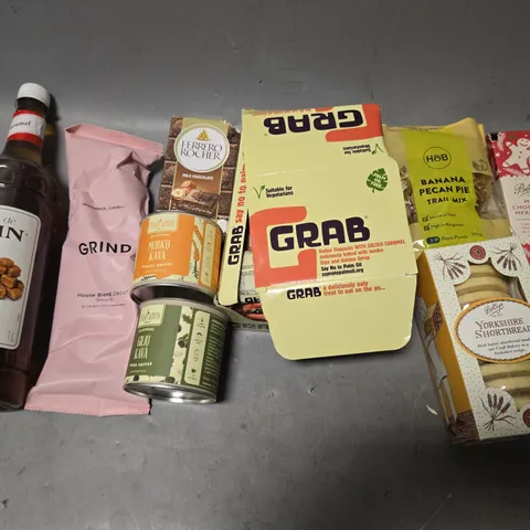 BOX OF ASSORTED FOOD PRODUCTS - INCLUDING MONIN SYRUP, SHORTBREADS, AND TRAIL MIX ETC. 