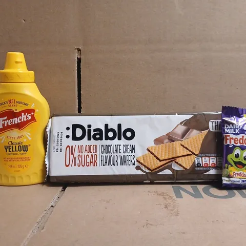 APPROXIMATELY 10 ASSORTED FOOD AND DRINK ITEMS TO INCLUDE MUSTARD, FREDDO, ETC