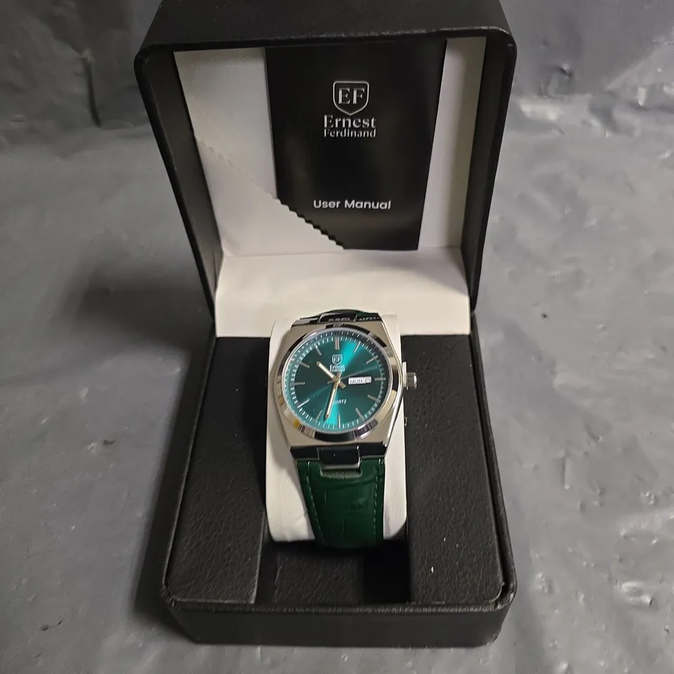 ERNEST FERDINAND GREEN DIAL WATCH WITH GREEN LEATHER STRAP