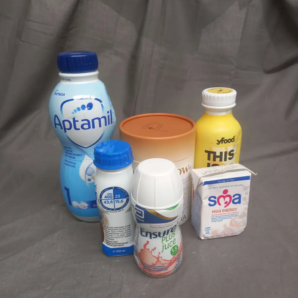 APPROXIMATELY 6 ASSORTED FOOD ITEMS TO INCLUDE - YFOOD BANANA MEAL DRINK - GLOW+ UNFLAVOURED PURA COLLAGEN - APTAMIL FIRST INFANT MILK - ETC - COLLECTION ONLY