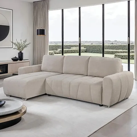 BOXED VIENNA FABRIC PULL OUT FOLDING 3 SEATER CORNER SOFA BED - BEIGE (2 BOXES)