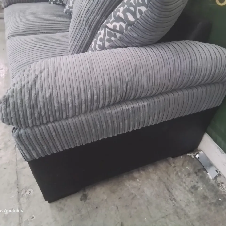 DESIGNER THREE SEATER SOFA WITH SCATTER CUSHIONS BLACK FAUX LEATHER & GREY JUMBO CHORD