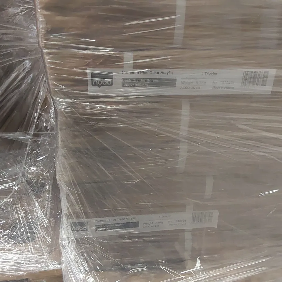PALLET CONTAINING A LARGE ASSORTMENT OF BRAND NEW OFFICE FURNITURE PARTS TO INCLUDE: ECO 18 600MM RH RADIAL CANTILEVER LEGS, NOBO PREMIUM PLUS CLEAR ACRYLIC DESK DIVIDERS ECT 
